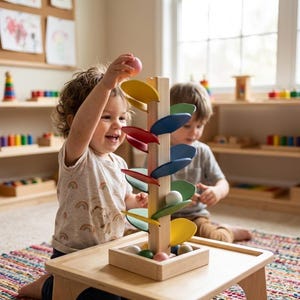 Wooden Marble Run Tree Toy - Montessori Musical Rainbow Track | Colorful Ball Race Blocks for Toddlers & Kids | Educational Early
