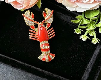 Gold Rot Emaille Hummer Brosche, Strass Seetier Anstecknadel