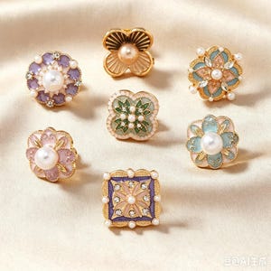 Peut inclure: Un ensemble de sept boutons décoratifs avec des cadres en métal doré, des détails en émail dans des tons de violet, rose, vert et bleu, agrémentés de petites perles artificielles blanches et de cristaux clairs aux formes florales.