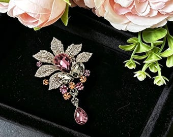 Vintage Palace Leaf Brooch, Silver Tone with Pink & Austrian Crystals, Ornate Teardrop Pendant Pin
