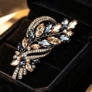 Vintage gouden bladtakbroche, champagnekleurige rookkleurige marquise strass bloemen reversspeld