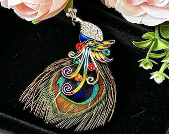 Large Peacock Feather Brooch, Gold Tone Enamel & Crystal Statement Pin with Real Feathers