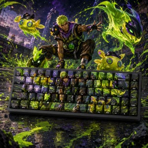 Può includere: Una tastiera meccanica per computer con un design personalizzato dei tasti, caratterizzata da una vivace illustrazione grafica di un personaggio dai capelli verdi circondato da creature di melma verde neon brillante su uno sfondo urbano.