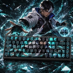 May include: A mechanical keyboard featuring a custom keycap set with a dark teal and black anime-style illustration of a character with dark hair and a white jacket, surrounded by swirling blue energy effects and shattered crystal shards.