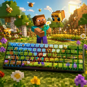 May include: A mechanical computer keyboard featuring a custom keycap set with a Minecraft-themed graphic print. The design displays a blocky landscape with Steve holding a white flower, surrounded by bees, green grass, and trees.