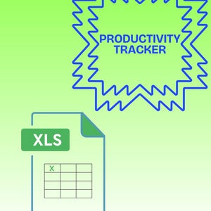 May include: A digital graphic with the text "PRODUCTIVITY TRACKER" inside a blue jagged-edged shape. Below is a document icon with an "XLS" label and a spreadsheet grid, all on a light green background.