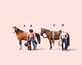 Miniatuurfiguur rustende cowboy met paard Schaal 1/64 of H0 1/87 voor gegoten of diorama