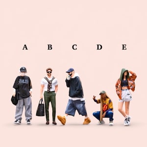 May include: Miniature figurines of five people in streetwear. The figures are posed in different stances, showcasing diverse fashion styles. The background is a solid, light pink colour. The word "ADLIIS" is visible on one of the figures' shirt.