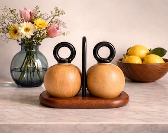 Vintage Bodum Ballboy-zoutpeperset, beukenhout, teakhouten dienblad, Peugeot-mechanisme