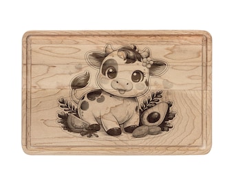 Tabla de cortar de madera grabada con diseño de vaca bebé / Tabla para quesos de arce o nogal