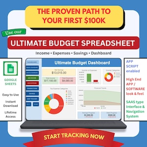 May include: A digital budget spreadsheet displayed on a laptop screen, featuring an Ultimate Budget Dashboard with charts, income, expense, and savings trackers. The graphic includes text overlays like The Proven Path To Your First $100K and Google Sheets.