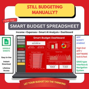 May include: A digital smart budget spreadsheet for Google Sheets displayed on a laptop screen. The interface features a red dashboard with charts, income and expense tracking, and financial trends. Text includes STILL BUDGETING MANUALLY?, SMART BUDGET SPREADSHEET, and LET YOUR BUDGET DO THE THINKING.