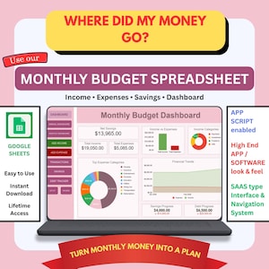 Pode incluir: Uma planilha digital de orçamento mensal exibida na tela de um laptop, apresentando um painel com gráficos, receitas, despesas e dados de economia. A interface inclui rótulos de texto como "Where did my money go?" e "Monthly Budget Spreadsheet" com integração ao Google Sheets.