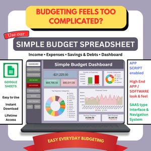 Pode incluir: Uma planilha de orçamento digital exibida na tela de um laptop, com um painel contendo gráficos e dados financeiros. O texto inclui 'BUDGETING FEELS TOO COMPLICATED?', 'SIMPLE BUDGET SPREADSHEET' e 'Income, Expenses, Savings & Debts, Dashboard'.