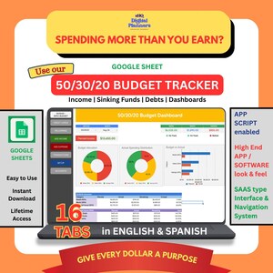 Op de afbeelding: Een digitale 50/30/20 budgettracker voor Google Sheets met een dashboard inclusief cirkeldiagrammen, staafdiagrammen en financiële tabellen. De interface bevat 16 tabbladen in het Engels en Spaans voor het bijhouden van inkomsten en schulden.