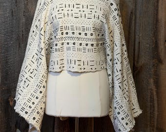White Mudcloth Shrug, Handwoven Cotton Poncho, Mudcloth Bell Sleeves Top