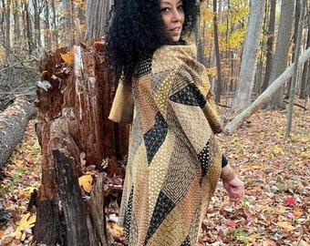 Hand-Painted Mudcloth Ruana: Amber Bogolan Wrap Shawl