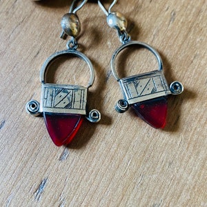 Tuareg Silver Ingal Earrings, Tuareg Jewelry, Red Glass Earrings