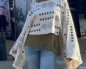 White Mudcloth Blouse, Handwoven Cotton, Mudcloth Bell Sleeves Top