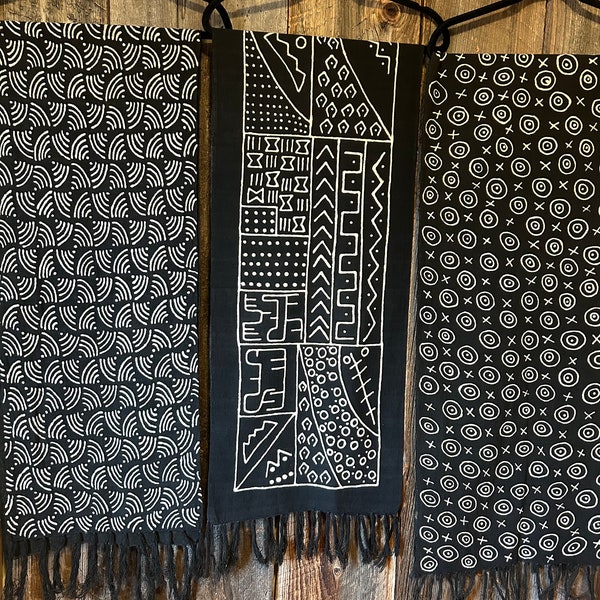 Black Mudcloth Scarf, Hand-Painted Scarf, Bogolan Mudcloth Shawl