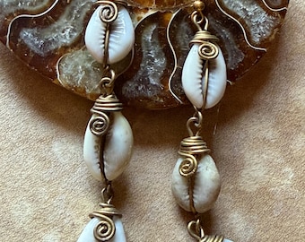Cowrie Shell and Brass Earrings, Kenyan Jewelry, Bold Earrings