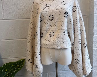 White Mudcloth Shrug, Handwoven Cotton Poncho, Mudcloth Bell Sleeves Top