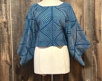 Indigo Dyed Bell Sleeve Top: Handwoven Boho Blouse