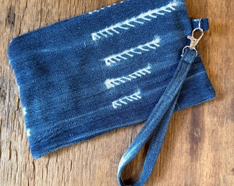 Vintage Indigo Textile Clutch: Handmade Mudcloth Wristlet Bag