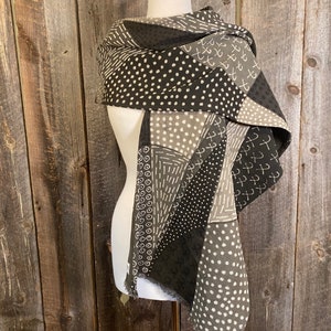 Gray Mudcloth Scarf, Handwoven Cotton, Mudcloth Wrap, Hand Painted Mud Cloth