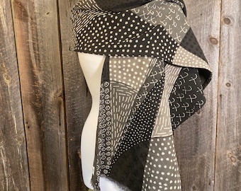 Grey Mudcloth Scarf, Hand-painted Shawl, Mudcloth Wrap, African Mudcloth