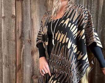 Hand-Painted Mudcloth Ruana: Modern Bogolan Wrap Shawl