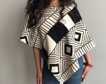 White Mudcloth Poncho: Handwoven Boho Shrug, Mali Textile, Size Small