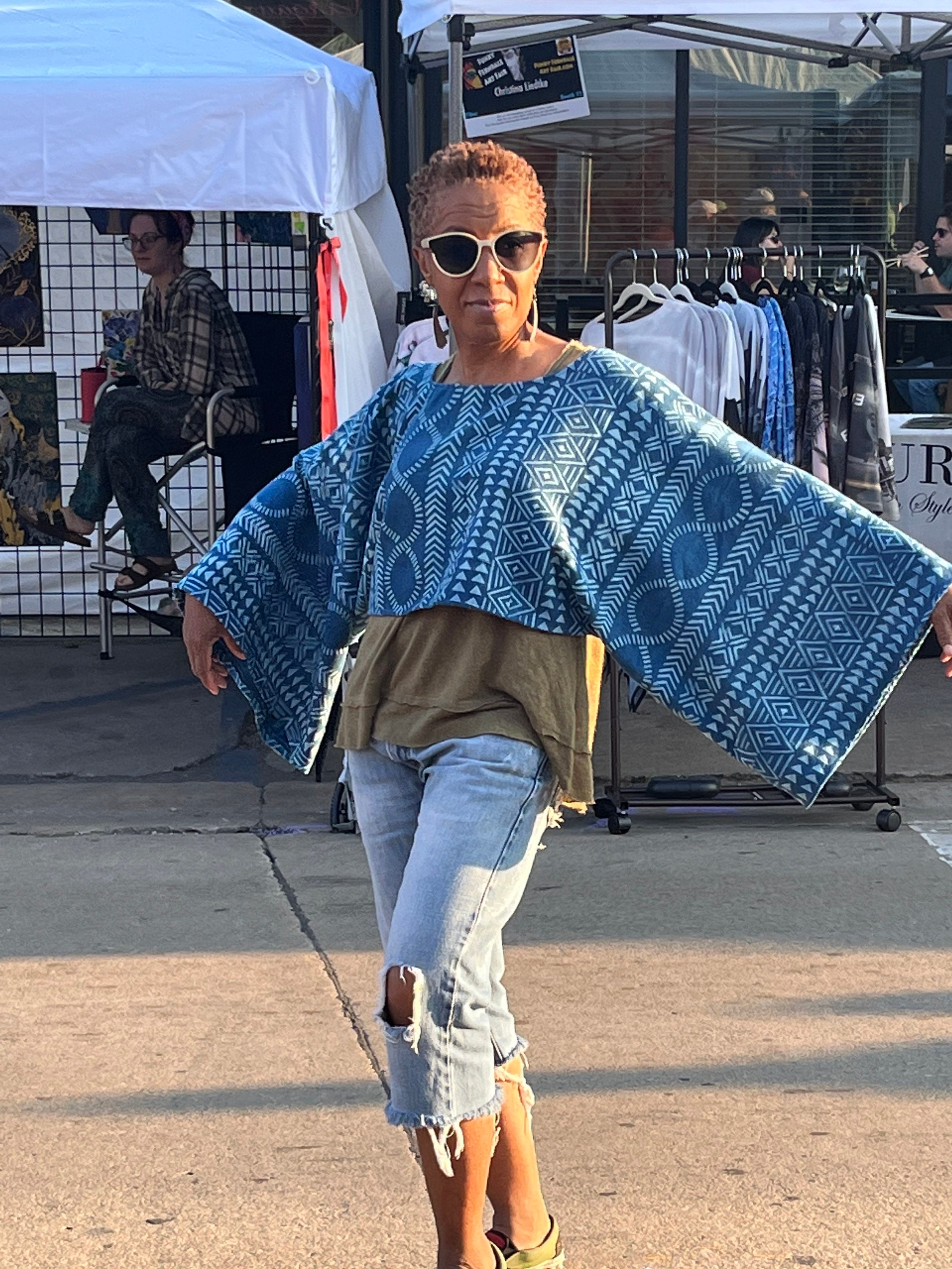 Indigo Dyed Bell Sleeve Top: Handwoven Boho Blouse