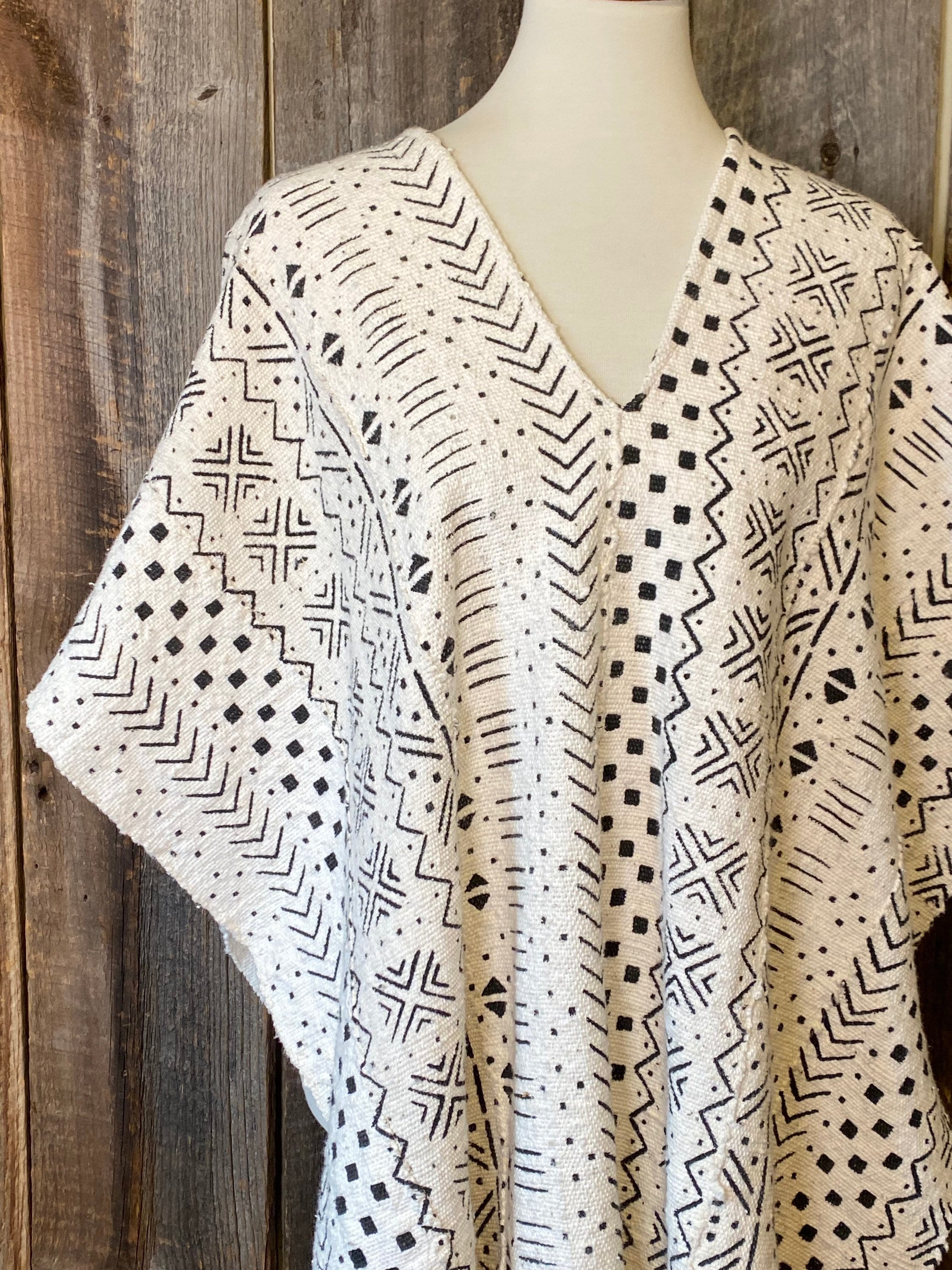 Reversible Mudcloth Poncho: African Handwoven Cotton V-Neck