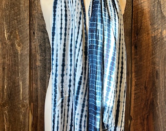 Hand dyed Indigo Scarf, Indigo Rayon, Shibori Indigo Shawl, Boho Scarf
