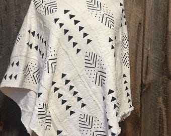 Boho Mudcloth Poncho, White Mudcloth Top, Handwoven Cotton Shrug