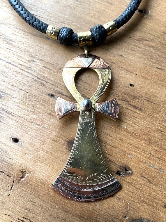 Ankh Pendant Brass and Leather Necklace 