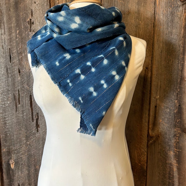 Vintage West African Indigo-Dyed Cotton Scarf with Gold Threads, Indigo Fashion, Indigo Dyed Scarf,  Indigo Shawl, Shibori Indigo