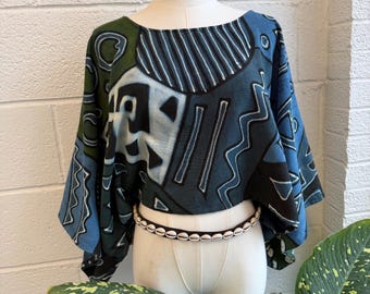 Indigo Mudcloth Top, Handwoven Cotton Blouse, Authentic Hand Dyed Mudcloth
