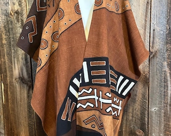 Hand-Painted Mudcloth Ruana: Malian Bogolan Wrap, Natural Dyes