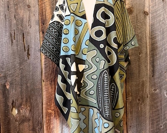 Green Mudcloth Ruana: Handwoven Cotton Wrap Shawl