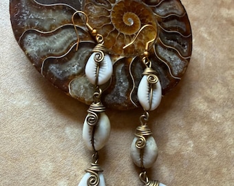 Cowrie Shell and Brass Earrings, Kenyan Jewelry, Bold Earrings