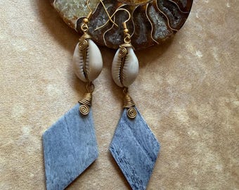 Brass and Bone Earrings, Cowrie Shell Earrings