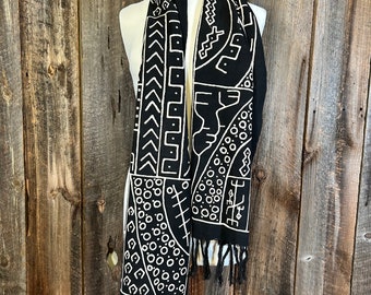 Hand Dyed Mudcloth Scarf, Hand-Painted Shawl, Black Mudcloth Scarf