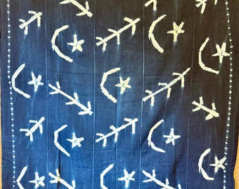 West African Indigo Cotton Tapestry, Hand-Sewn, Fringed Wall Art (49x70 inches)