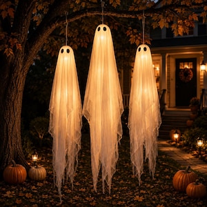 Lighted Halloween Ghost Set, 3 Hanging Gauze Ghosts for Porch & Yard, Warm White Spooky Outdoor Halloween Decor