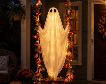 Puede incluir: Una decoración de fantasma blanco brillante hecha de tela transparente con dos ojos ovalados negros, suspendida de un marco de columpio adornado con hojas de otoño artificiales iluminadas en tonos naranja, rojo y amarillo, creando un efecto de luz cálida.