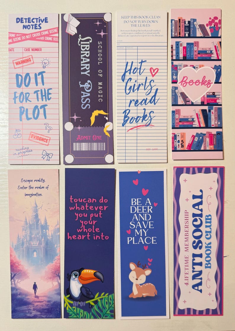 May include: A set of eight rectangular paper bookmarks featuring various designs, including a crime scene note, a magic school pass, a library card, a bookshelf, a fantasy castle, a toucan, a deer, and an anti-social book club membership card.