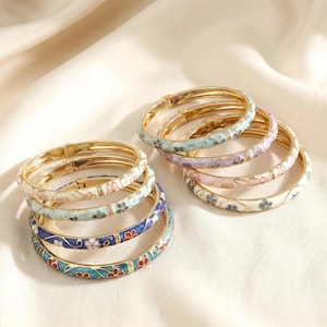 Elegant Floral Enamel Bangle Bracelets – 10 Unique Designs with Gold Accents
