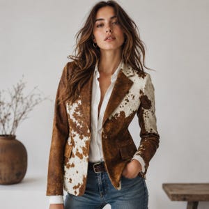 May include: A brown and white cowhide blazer with a classic notched lapel and two front pockets. The blazer is worn over a white button-down shirt and blue jeans. The jacket has a brown leather trim and a single-button closure.